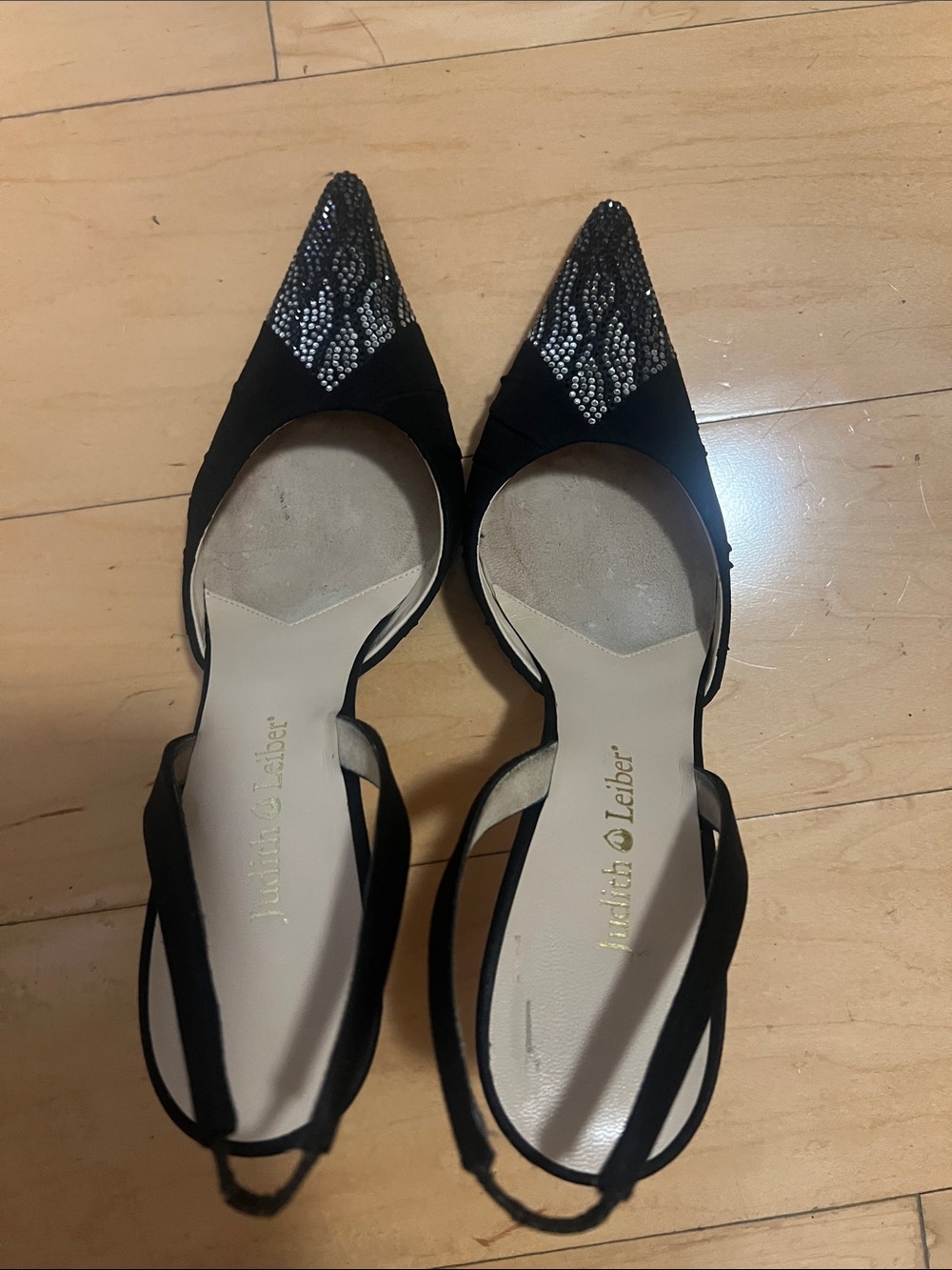 Judith Leiber Black Slingback Flats with Silver Crystal Pointed Toes